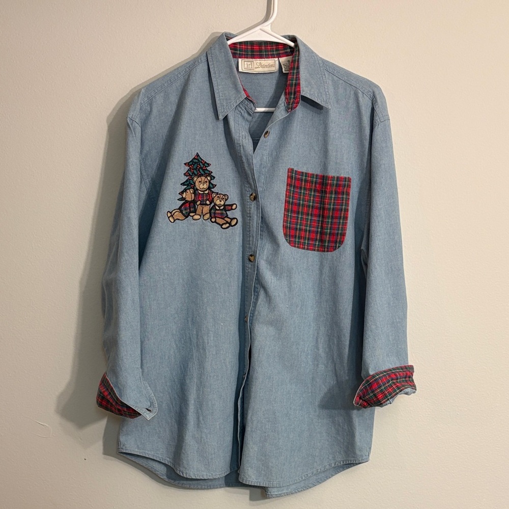 Denim holiday Christmas Shirt with Plaid Accents tree and Bear Embroidery